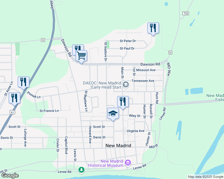 map of restaurants, bars, coffee shops, grocery stores, and more near 737 Mitchell Avenue in New Madrid