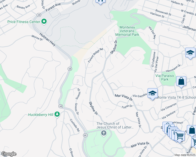 map of restaurants, bars, coffee shops, grocery stores, and more near 1501 Skyline Drive in Monterey