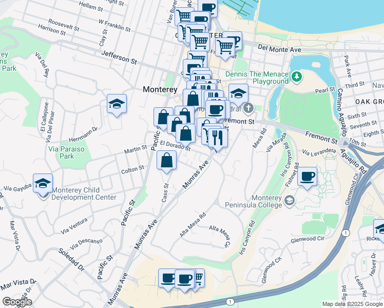 map of restaurants, bars, coffee shops, grocery stores, and more near 167 El Dorado Street in Monterey