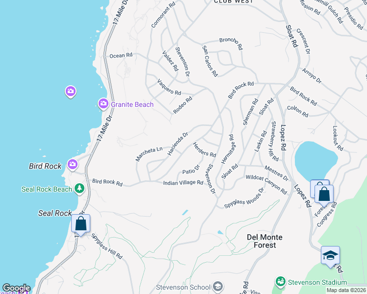 map of restaurants, bars, coffee shops, grocery stores, and more near 3121 Bird Rock Road in Del Monte Forest