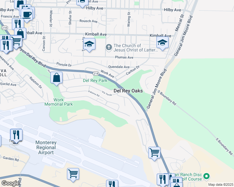 map of restaurants, bars, coffee shops, grocery stores, and more near Vía Verde & Los Encinos Drive in Monterey