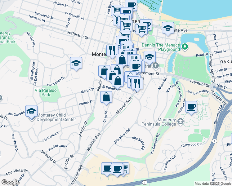 map of restaurants, bars, coffee shops, grocery stores, and more near 925 Cass Street in Monterey