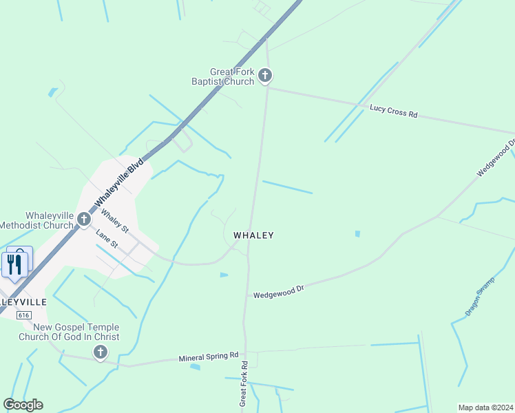 map of restaurants, bars, coffee shops, grocery stores, and more near 345 Great Fork Road in Suffolk