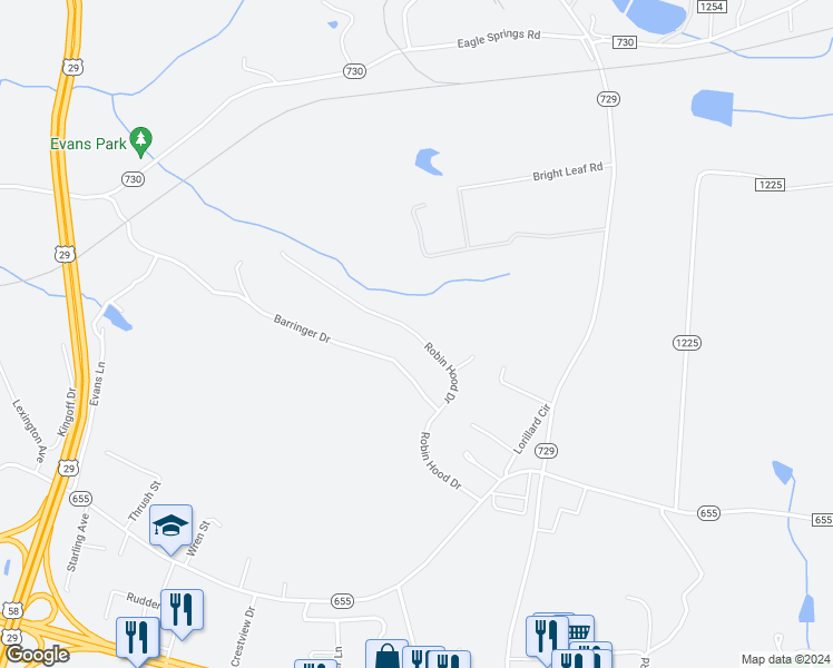 map of restaurants, bars, coffee shops, grocery stores, and more near Robin Hood Drive in Danville