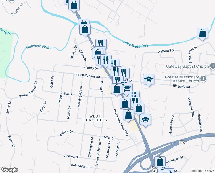 map of restaurants, bars, coffee shops, grocery stores, and more near 107 Old Hopkinsville Highway in Clarksville