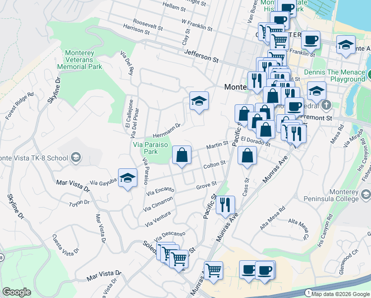 map of restaurants, bars, coffee shops, grocery stores, and more near 701 Martin Street in Monterey
