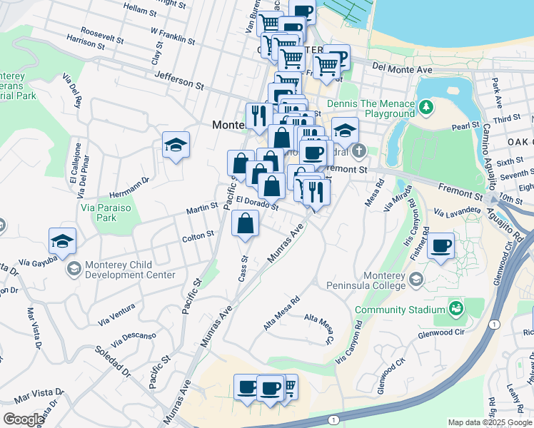 map of restaurants, bars, coffee shops, grocery stores, and more near 925 Cass Street in Monterey