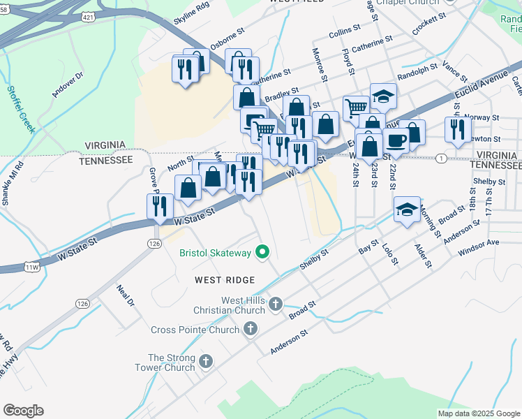 map of restaurants, bars, coffee shops, grocery stores, and more near 128 Sycamore Drive in Bristol