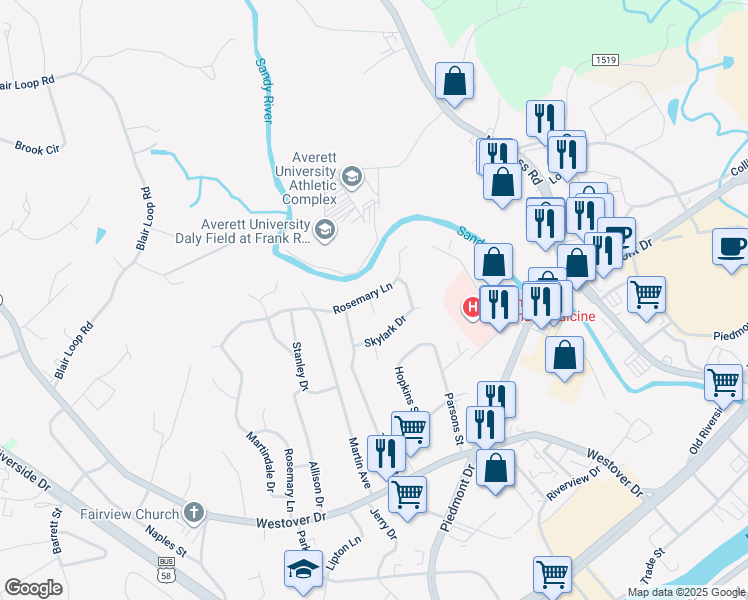 map of restaurants, bars, coffee shops, grocery stores, and more near 105 Vista Court in Danville