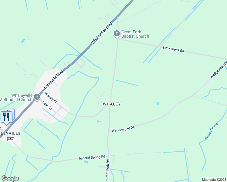 map of restaurants, bars, coffee shops, grocery stores, and more near 345 Great Fork Road in Suffolk
