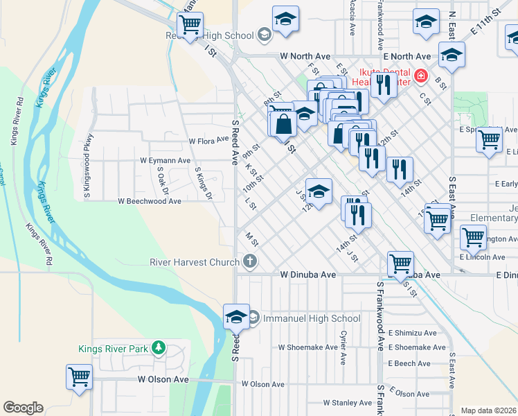 map of restaurants, bars, coffee shops, grocery stores, and more near 1126 L Street in Reedley