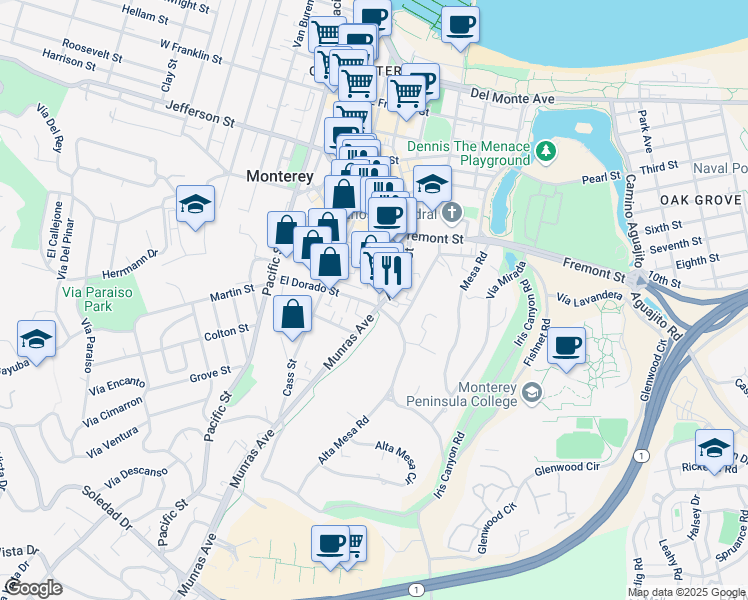 map of restaurants, bars, coffee shops, grocery stores, and more near 888 Munras Avenue in Monterey