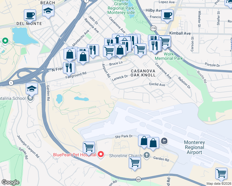 map of restaurants, bars, coffee shops, grocery stores, and more near 10 Lilac Street in Monterey