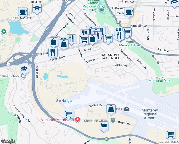 map of restaurants, bars, coffee shops, grocery stores, and more near 12 Lilac Street in Monterey