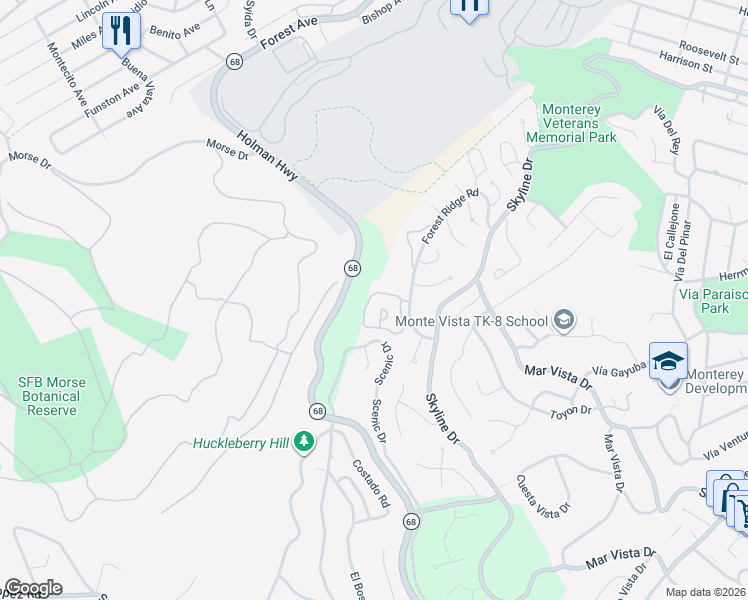 map of restaurants, bars, coffee shops, grocery stores, and more near 54 Skyline Crest in Monterey