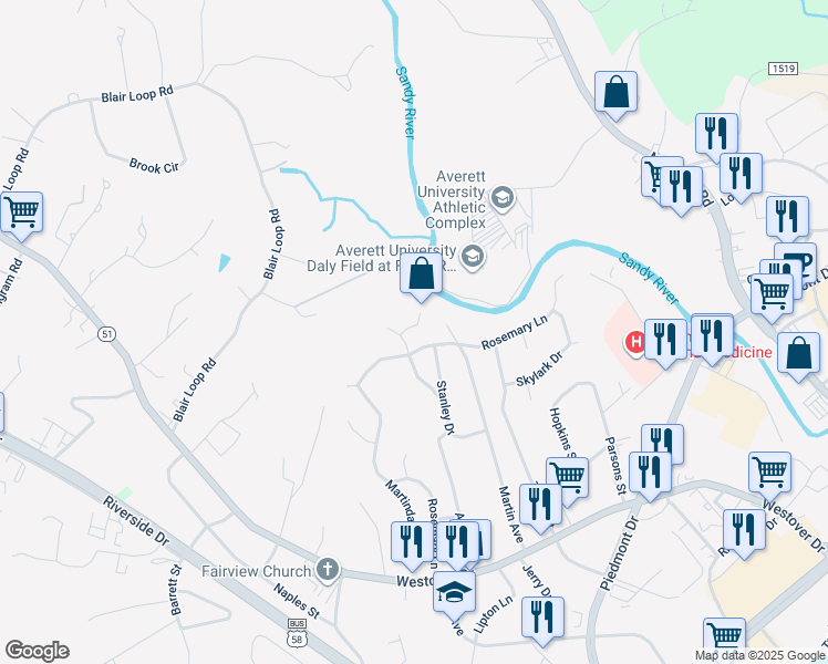 map of restaurants, bars, coffee shops, grocery stores, and more near 110 Tuggle Court in Danville