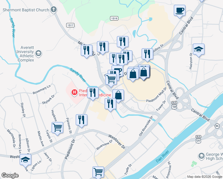 map of restaurants, bars, coffee shops, grocery stores, and more near 395 Mount Cross Road in Danville