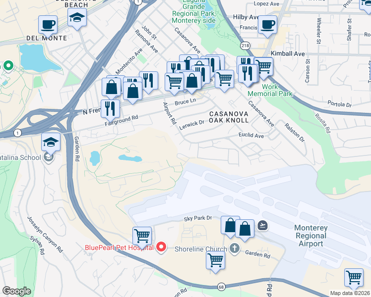 map of restaurants, bars, coffee shops, grocery stores, and more near 10 Lilac Street in Monterey