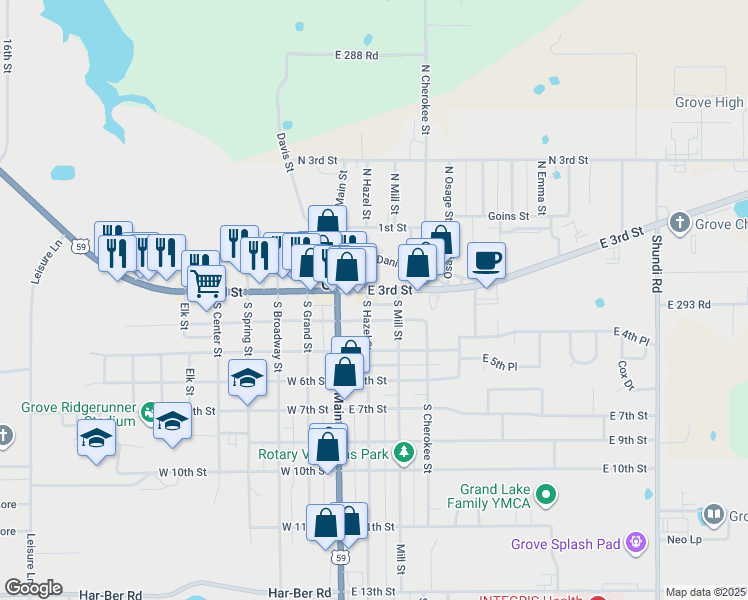 map of restaurants, bars, coffee shops, grocery stores, and more near 121 East 4th Street in Grove