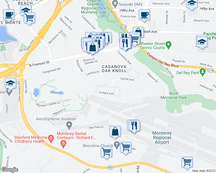 map of restaurants, bars, coffee shops, grocery stores, and more near Grace Hopper Avenue in Monterey