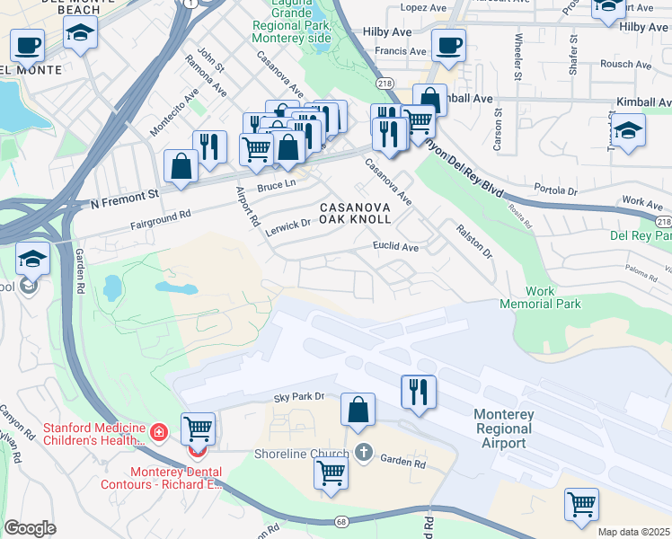 map of restaurants, bars, coffee shops, grocery stores, and more near Grace Hopper Avenue in Monterey