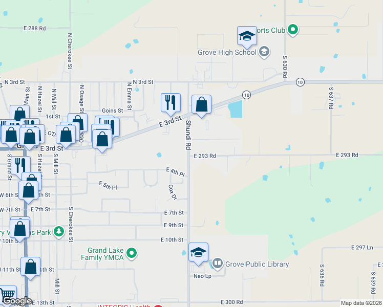 map of restaurants, bars, coffee shops, grocery stores, and more near 63045 East 293 Road in Grove