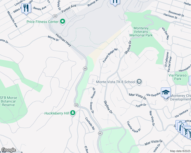 map of restaurants, bars, coffee shops, grocery stores, and more near 59 Skyline Crest Drive in Monterey
