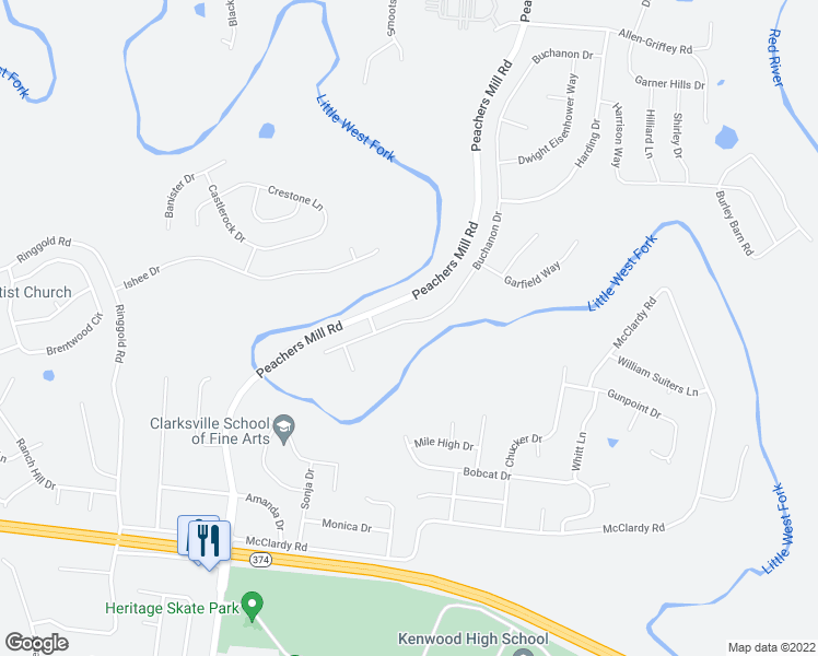 map of restaurants, bars, coffee shops, grocery stores, and more near 1445 Buchanon Drive in Clarksville