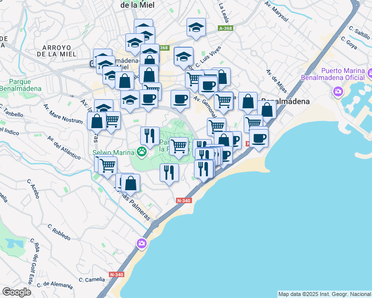 map of restaurants, bars, coffee shops, grocery stores, and more near 3 Avenida del Parque in Benalmádena