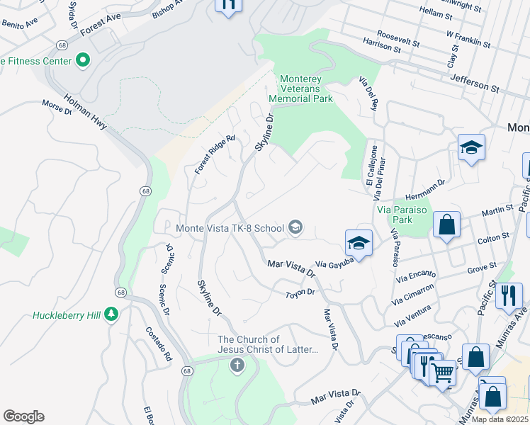 map of restaurants, bars, coffee shops, grocery stores, and more near 541 Dry Creek Road in Monterey