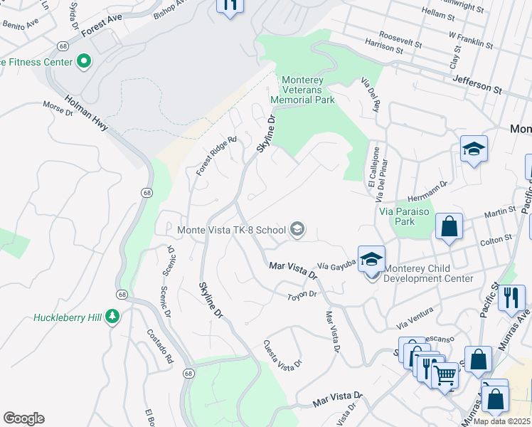 map of restaurants, bars, coffee shops, grocery stores, and more near 541 Dry Creek Road in Monterey