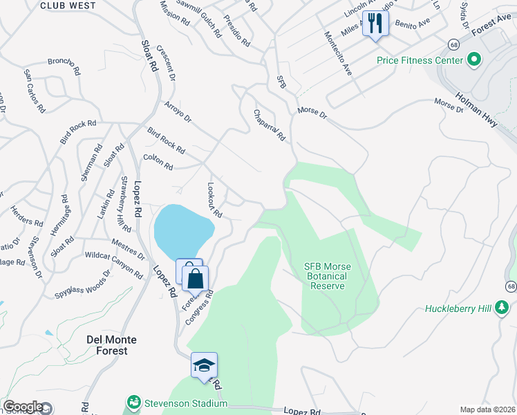 map of restaurants, bars, coffee shops, grocery stores, and more near 2966 Congress Road in Del Monte Forest