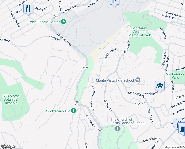 map of restaurants, bars, coffee shops, grocery stores, and more near 56 Skyline Crest in Monterey
