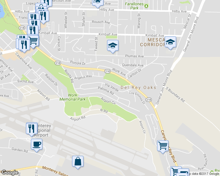 map of restaurants, bars, coffee shops, grocery stores, and more near 1017 Vía Verde in Del Rey Oaks