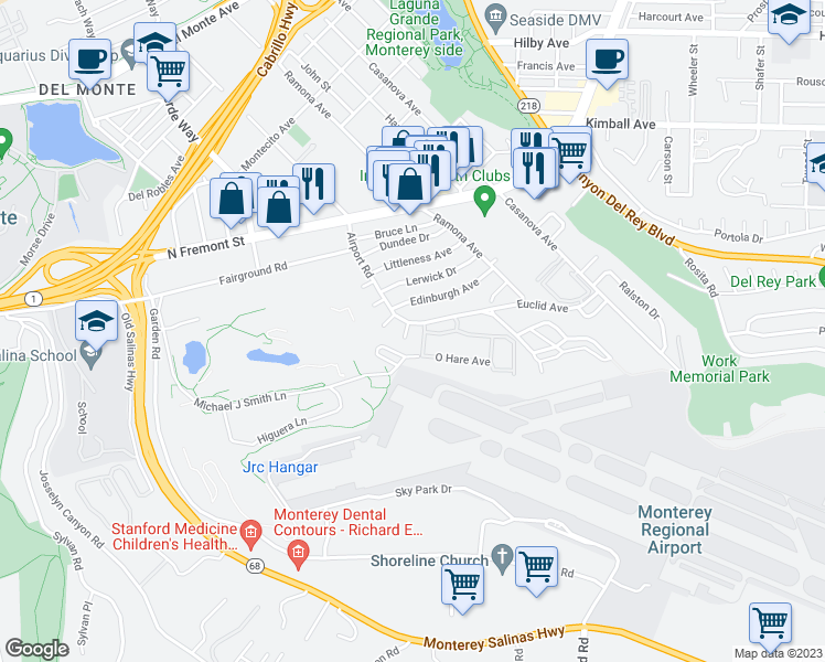 map of restaurants, bars, coffee shops, grocery stores, and more near 1 Lilac Street in Monterey