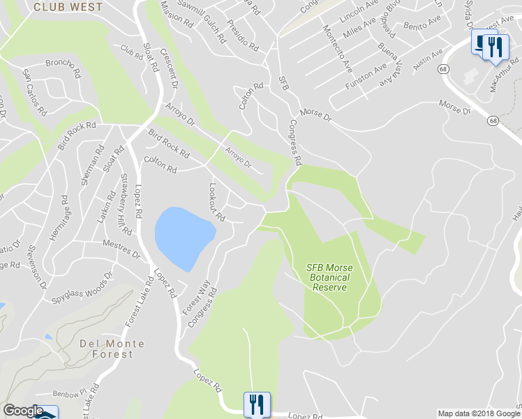 map of restaurants, bars, coffee shops, grocery stores, and more near 2901 Bird Rock Road in Del Monte Forest