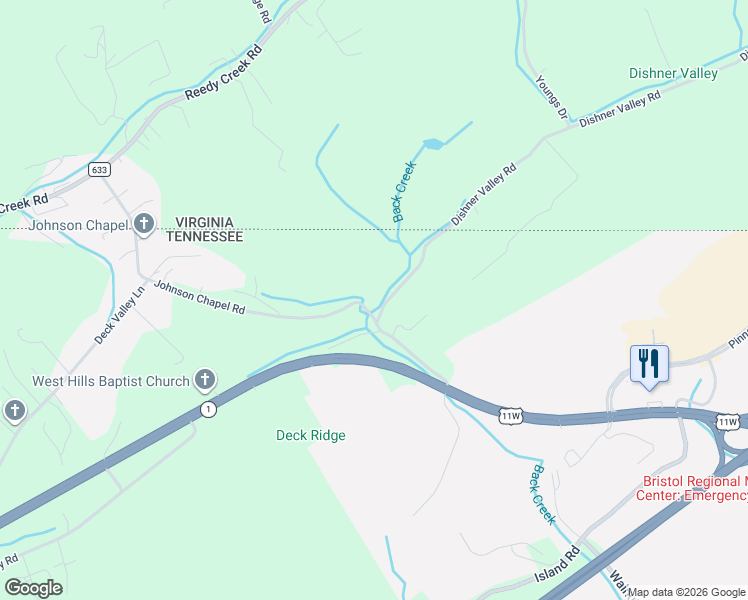 map of restaurants, bars, coffee shops, grocery stores, and more near 223 Johnson Chapel Road in Bristol