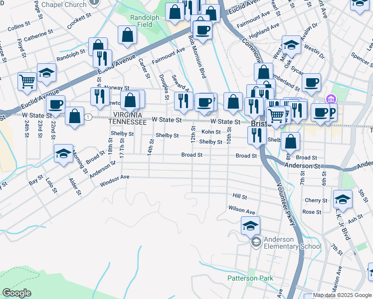 map of restaurants, bars, coffee shops, grocery stores, and more near 1222 Shelby Street in Bristol