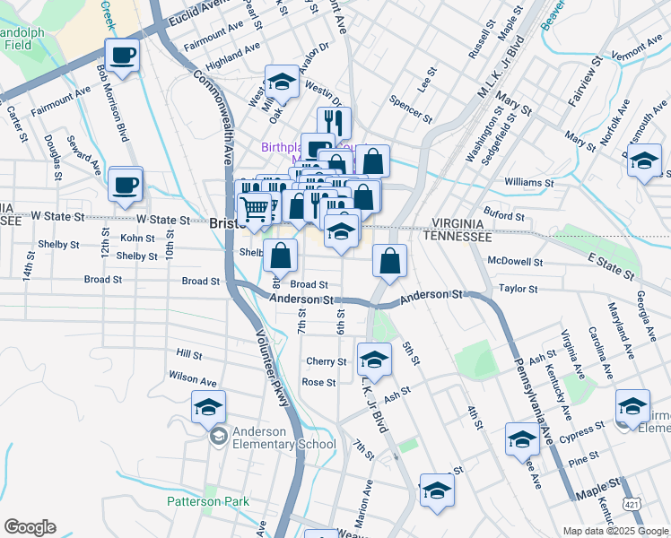 map of restaurants, bars, coffee shops, grocery stores, and more near 600 Shelby Street in Bristol