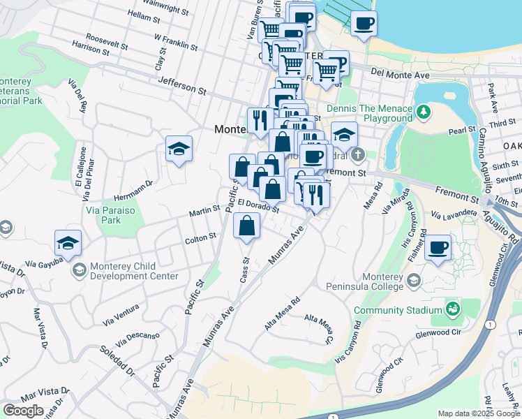 map of restaurants, bars, coffee shops, grocery stores, and more near in Monterey