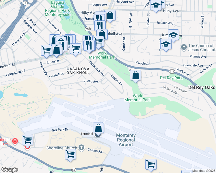 map of restaurants, bars, coffee shops, grocery stores, and more near 354 Euclid Avenue in Monterey