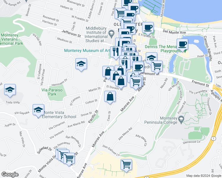 map of restaurants, bars, coffee shops, grocery stores, and more near 276 El Dorado Street in Monterey