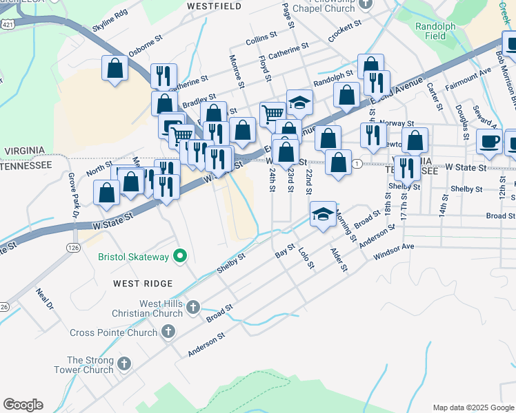 map of restaurants, bars, coffee shops, grocery stores, and more near 2572 W State St in Bristol
