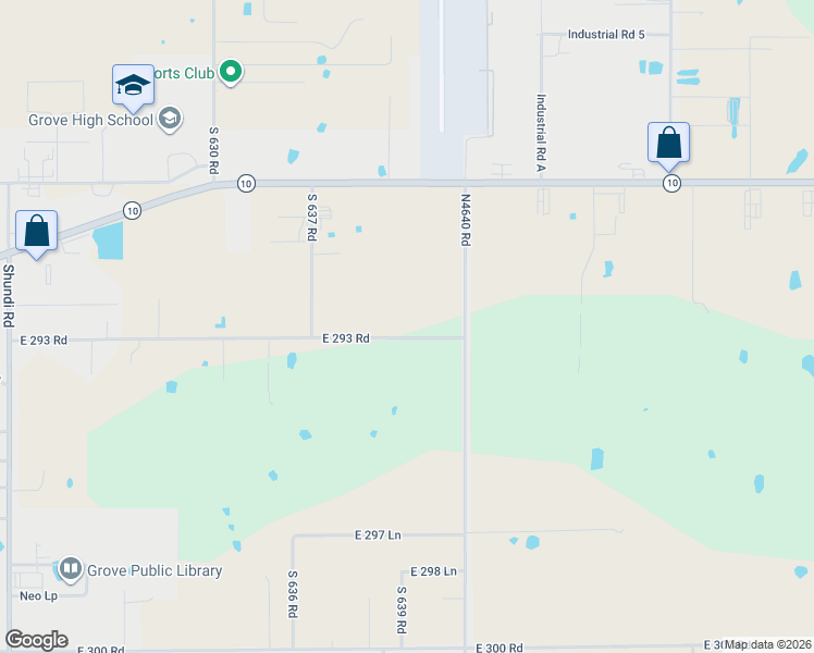 map of restaurants, bars, coffee shops, grocery stores, and more near 63710 East 293 Road in Grove