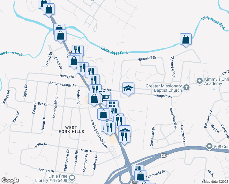 map of restaurants, bars, coffee shops, grocery stores, and more near 2002 Windroe Drive in Clarksville
