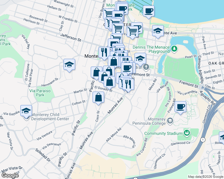map of restaurants, bars, coffee shops, grocery stores, and more near 182 El Dorado Street in Monterey