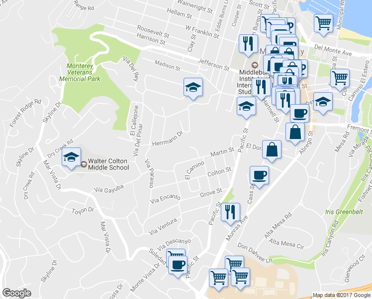 map of restaurants, bars, coffee shops, grocery stores, and more near 710 Woodcrest Lane in Monterey