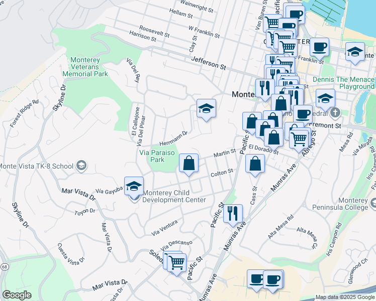 map of restaurants, bars, coffee shops, grocery stores, and more near 710 Woodcrest Lane in Monterey