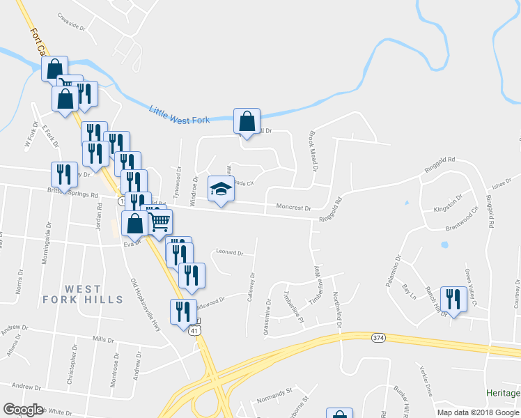 map of restaurants, bars, coffee shops, grocery stores, and more near 228 Moncrest Drive in Clarksville