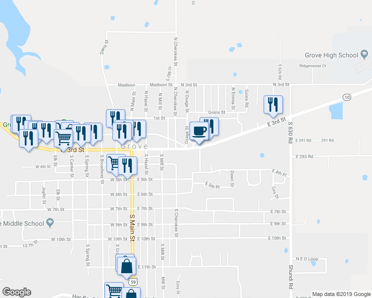 map of restaurants, bars, coffee shops, grocery stores, and more near 298 East 3rd Street in Grove